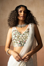 Load image into Gallery viewer, Fishtail style , white &amp; multicoloured hand embroidered georgette fishtail s...
