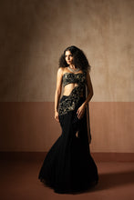 Load image into Gallery viewer, Fishtail saree , black , hand embroidered georgette saree
