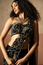 Load image into Gallery viewer, Fishtail saree , black , hand embroidered georgette saree
