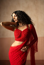 Load image into Gallery viewer, Fishtail style , red &amp; fuschia pink coloured, hand embroidered , net &amp;george...
