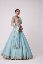 Load image into Gallery viewer, POWDER BLUE ORGANZA MIRROR EMBROIDERED LEHENGA SET
