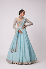 Load image into Gallery viewer, POWDER BLUE ORGANZA MIRROR EMBROIDERED LEHENGA SET
