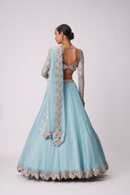 Load image into Gallery viewer, POWDER BLUE ORGANZA MIRROR EMBROIDERED LEHENGA SET
