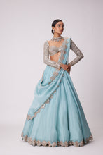 Load image into Gallery viewer, POWDER BLUE ORGANZA MIRROR EMBROIDERED LEHENGA SET
