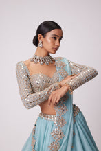 Load image into Gallery viewer, POWDER BLUE ORGANZA MIRROR EMBROIDERED LEHENGA SET
