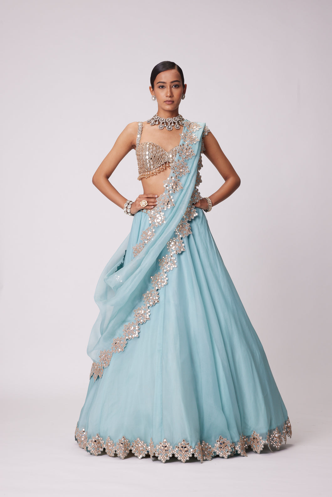 POWDER BLUE ORGANZA HAND EMBROIDERED LEHENGA SET