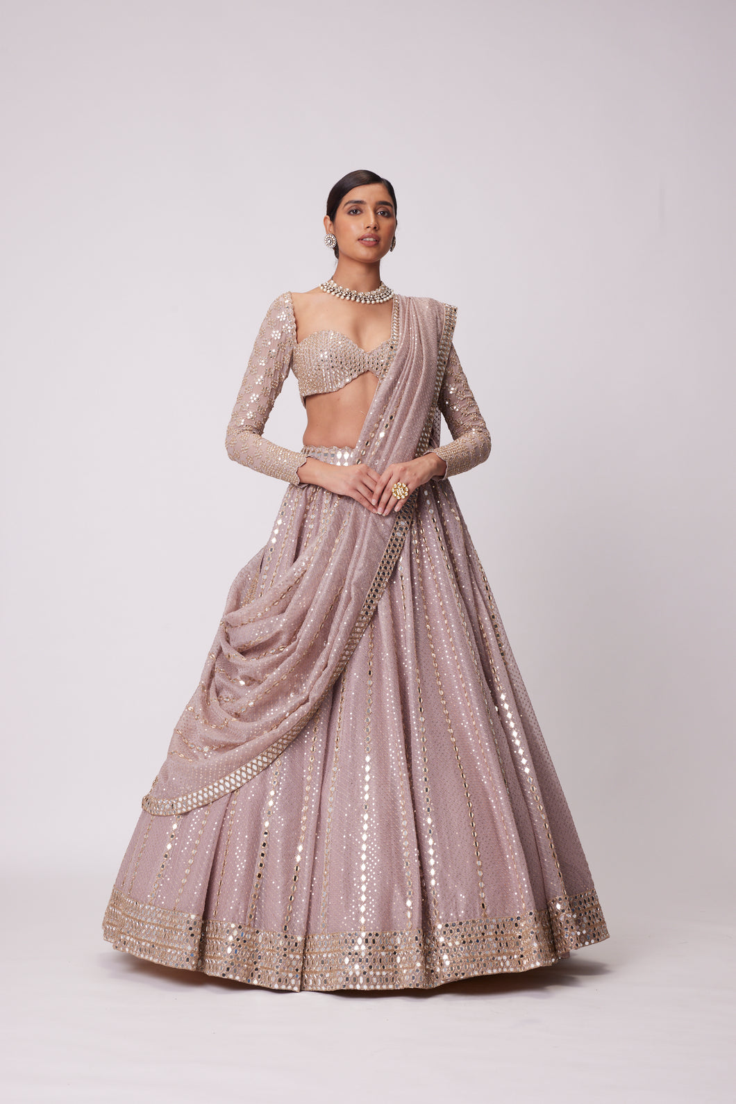 ASH PINK SEQUIN AND MIRROR EMBROIDERED LEHENGA SET