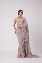 Load image into Gallery viewer, ASH PINK GEORGETTE FRILL SAREE SET
