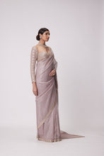 Load image into Gallery viewer, ASH PINK HAND EMBROIDERED ORGANZA SAREE SET
