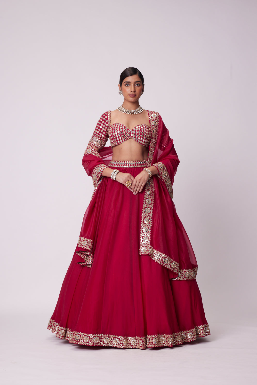 CRIMSON RED ORGANZA MIRROR LEHENGA SET