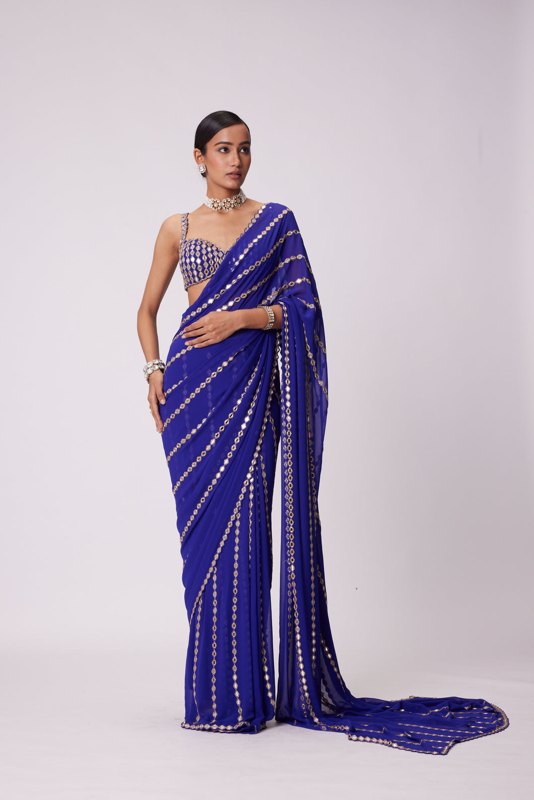 PERSIAN BLUE LINEAR EMBROIDERY GEORGETTE SAREE SET