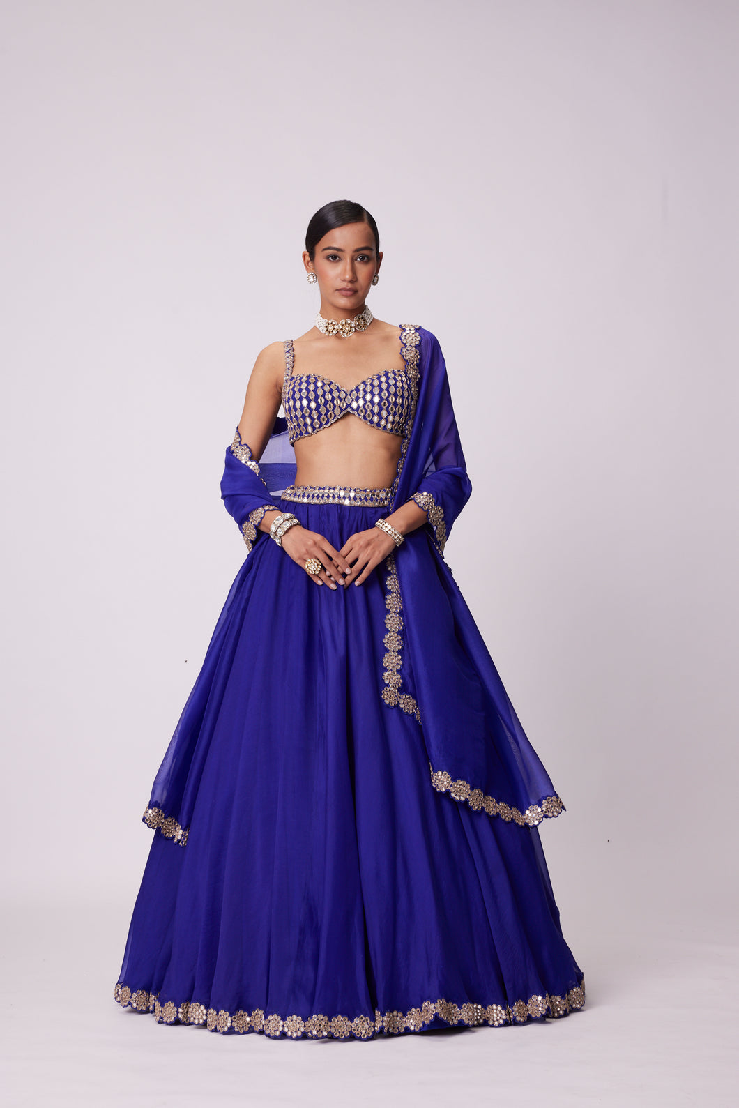 PERSIAN BLUE LINEAR MIRROR EMBROIDERED LEHENGA SET