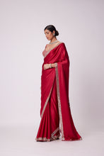 Load image into Gallery viewer, CRIMSON RED  SATIN MIRROR EMBROIDERED SAREE SET
