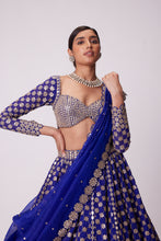 Load image into Gallery viewer, PERSIAN BLUE MIRROR FLOWER HAND EMBROIDERED LEHENGA
