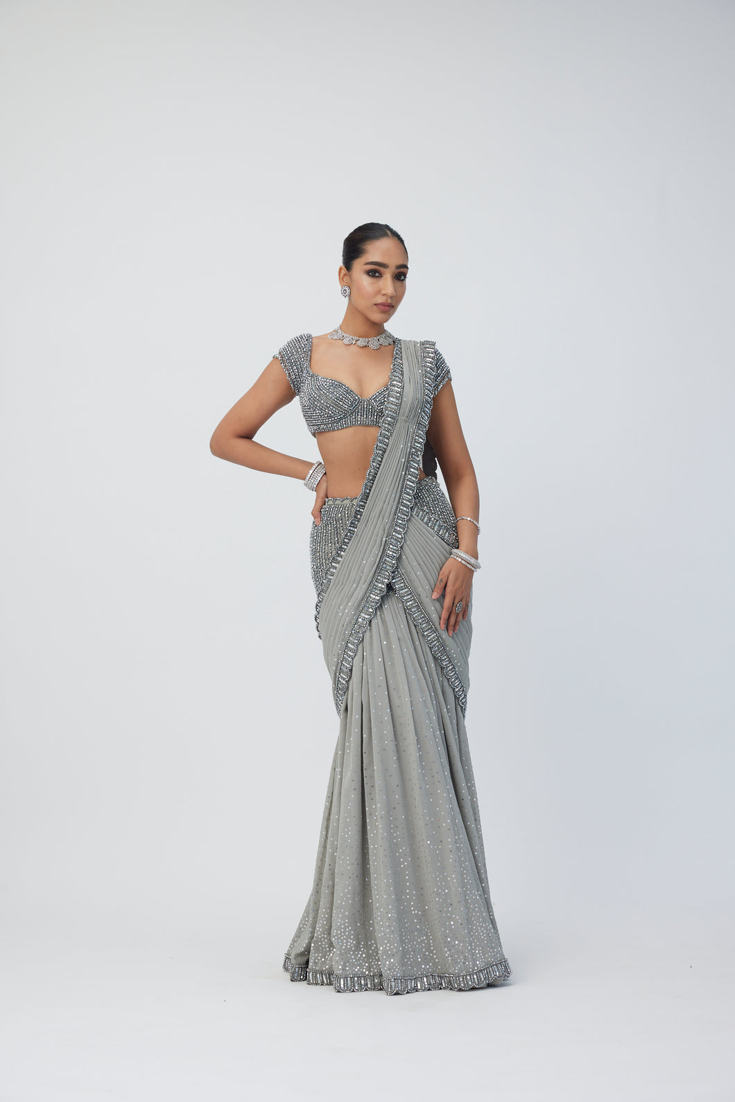 Crystal Grey Pre Draped Saree Set