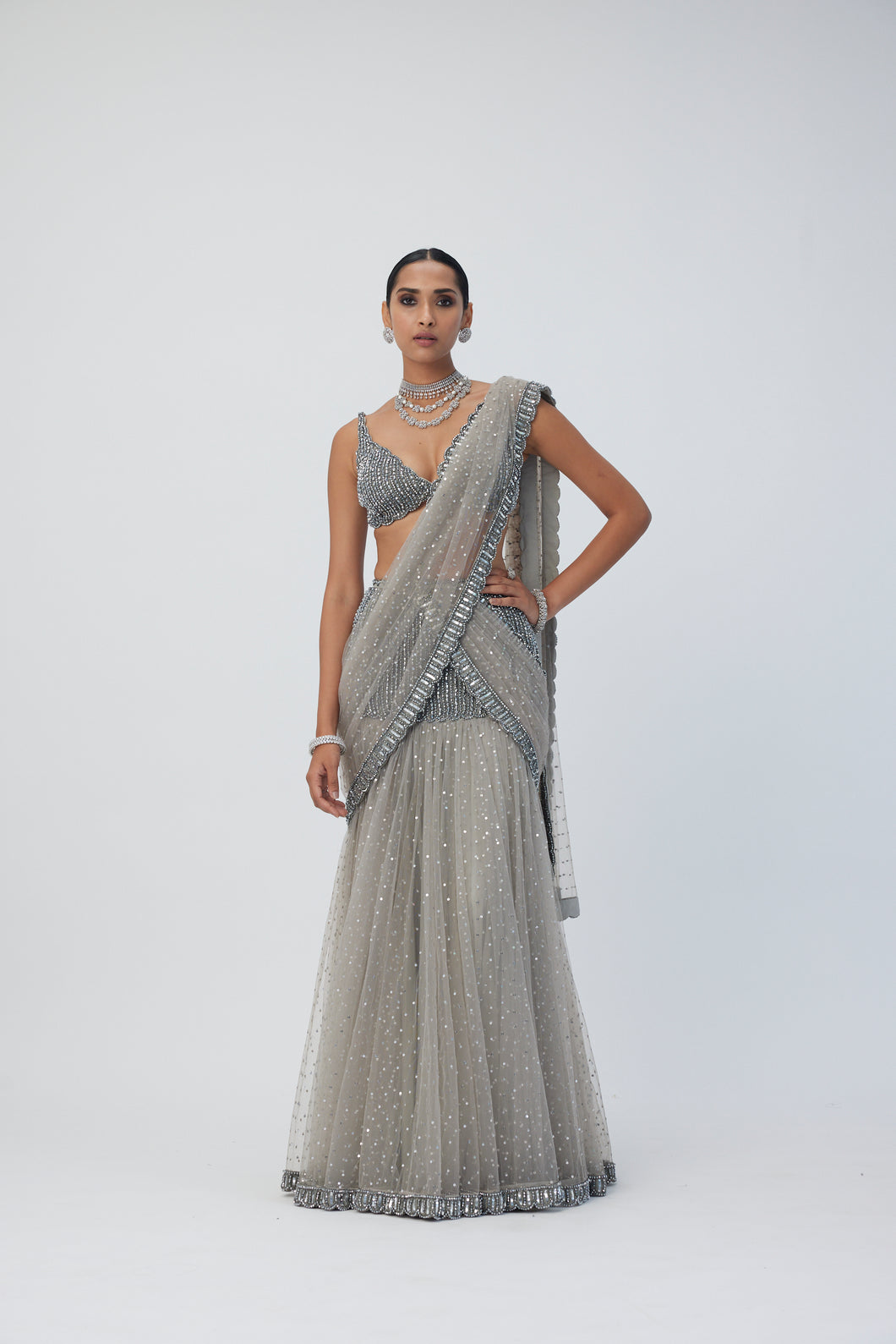 Crystal Grey Sequin Scattered Pre Draped Saree Set