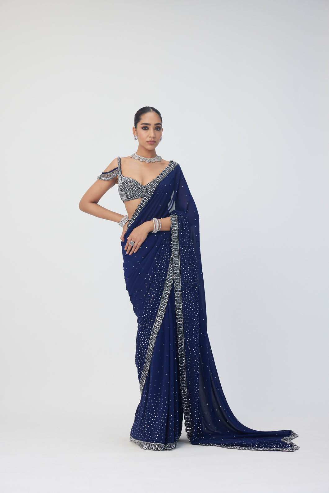 Deep Blue Sequins Scattered Saree Set