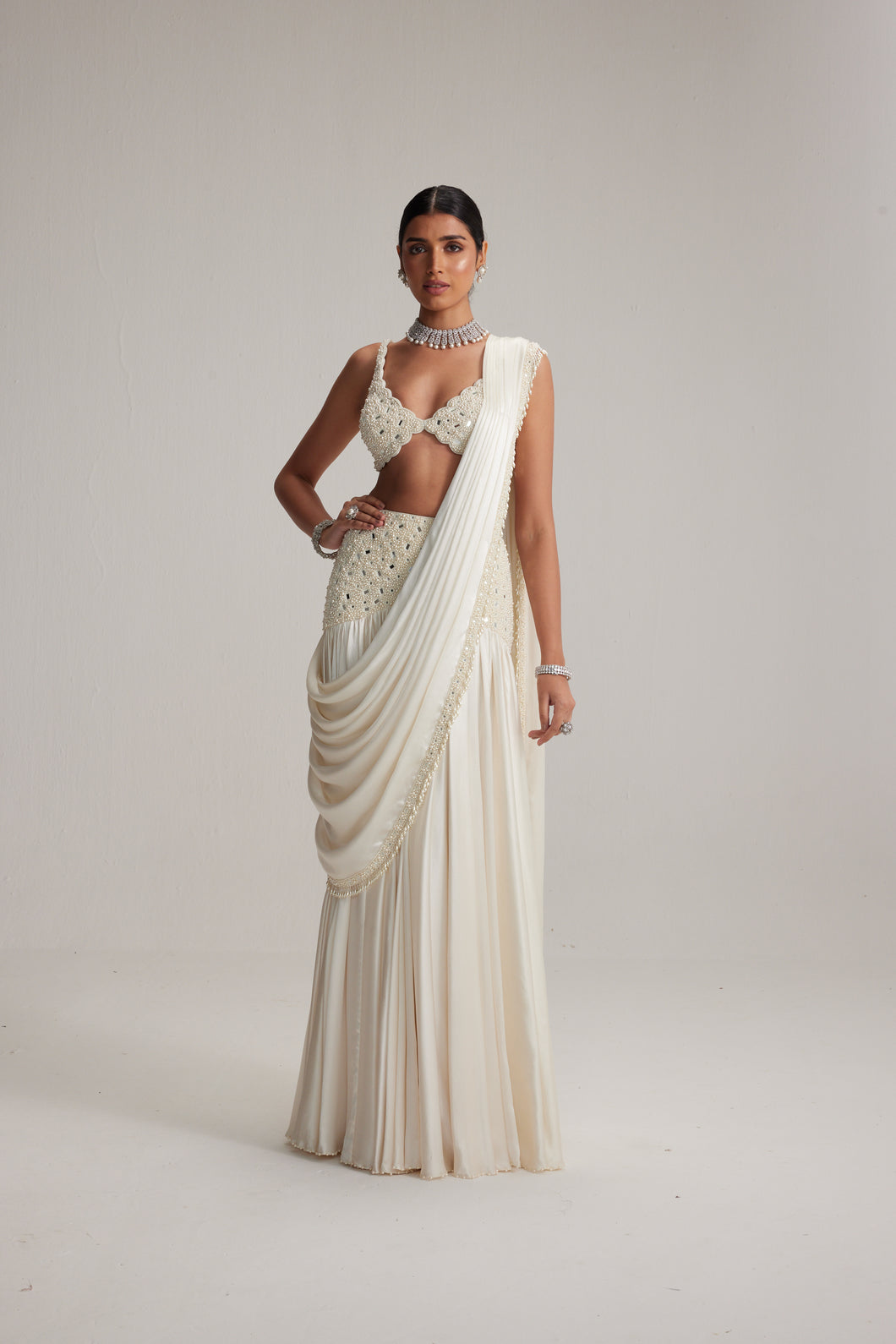 Off White Pearl and Mirror Embroidered satin draped saree set