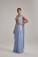 Load image into Gallery viewer, Dew Blue Linear Mirror And Pearl Embroidered Draped Saree Set
