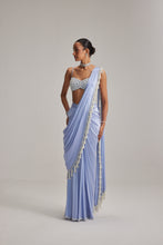 Load image into Gallery viewer, Dew Blue Satin Draped Saree Set
