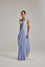 Load image into Gallery viewer, Dew Blue Satin Draped Saree Set
