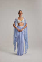 Load image into Gallery viewer, Dew Blue Cape And Satin draped skirt Set
