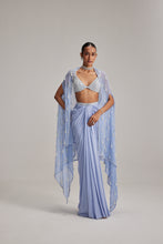Load image into Gallery viewer, Dew Blue Cape And Satin draped skirt Set
