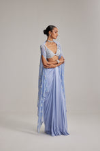 Load image into Gallery viewer, Dew Blue Cape And Satin draped skirt Set
