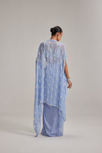 Load image into Gallery viewer, Dew Blue Cape And Satin draped skirt Set
