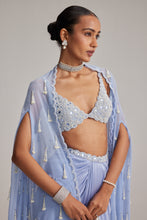 Load image into Gallery viewer, Dew Blue Cape And Satin draped skirt Set
