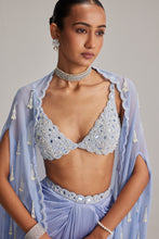 Load image into Gallery viewer, Dew Blue Cape And Satin draped skirt Set
