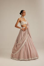 Load image into Gallery viewer, Ash Pink linear embroidered Organza Lehenga Set
