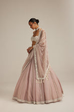 Load image into Gallery viewer, Ash Pink linear embroidered Organza Lehenga Set
