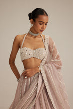 Load image into Gallery viewer, Ash Pink linear embroidered Organza Lehenga Set
