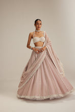 Load image into Gallery viewer, Ash Pink linear embroidered Organza Lehenga Set
