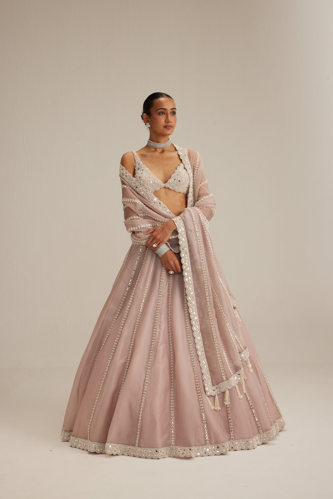 Ash Pink Pearl Mirror linear Lehenga with V neck Blouse