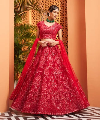 Red heavily embellished lehenga