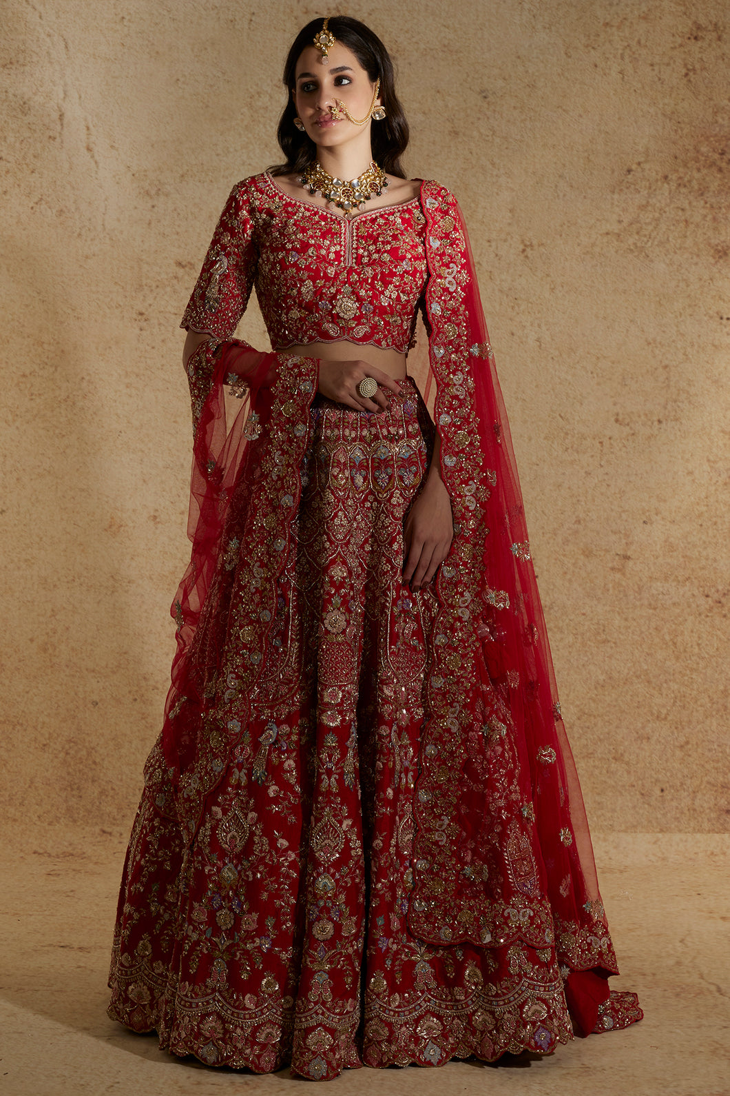 Red raw silk zardozi work lehenga