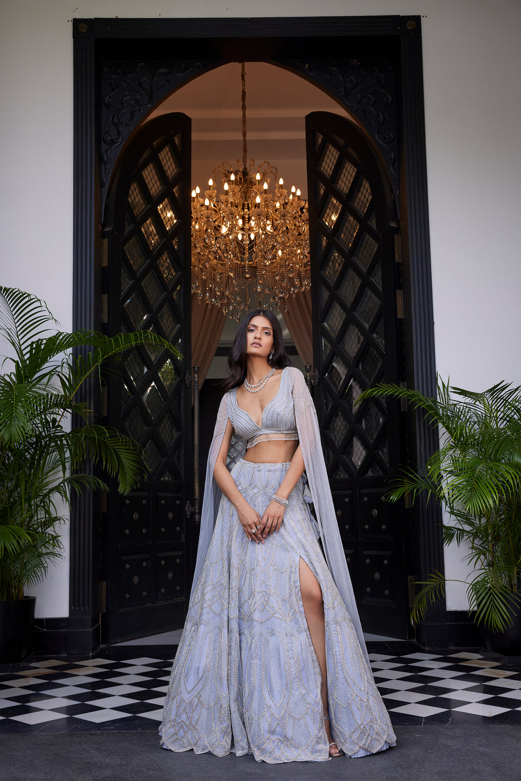 Ella Powder Blue Lehenga With Draped Blouse