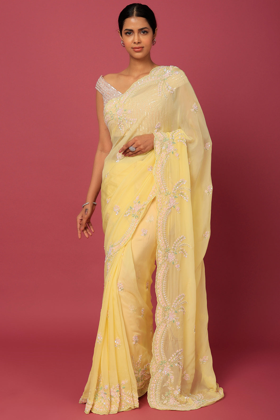 Yellow Sequins Embellishments Saree Set