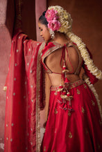 Load image into Gallery viewer, Reddish coral upada silk blouse, lehenga and shimmer tissue dupatta
