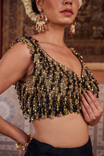 Load image into Gallery viewer, Black and mehendi green embellished blouse, lehenga and dupatta

