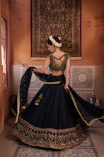 Load image into Gallery viewer, Black and mehendi green embellished blouse, lehenga and dupatta
