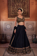Load image into Gallery viewer, Black and mehendi green embellished blouse, lehenga and dupatta
