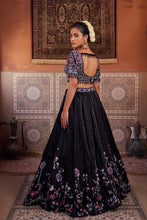 Load image into Gallery viewer, Black glass tissue embroidered blouse, lehenga and dupatta

