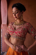 Load image into Gallery viewer, Rust orange and magenta pink upada silk blouse, lehenga and dupatta

