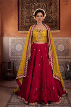 Load image into Gallery viewer, Mustard and raspberry wine upada silk corset, lehenga and organza dupatta
