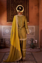 Load image into Gallery viewer, Sage green and mustard upada silk kurta, salwar and organza dupatta
