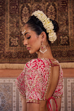 Load image into Gallery viewer, Blush pink and Fuchsia upada silk blouse, banarsi silk lehenga and dupatta
