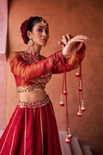 Load image into Gallery viewer, Maroon upada silk lehenga, shimmer tissue blouse and dupatta
